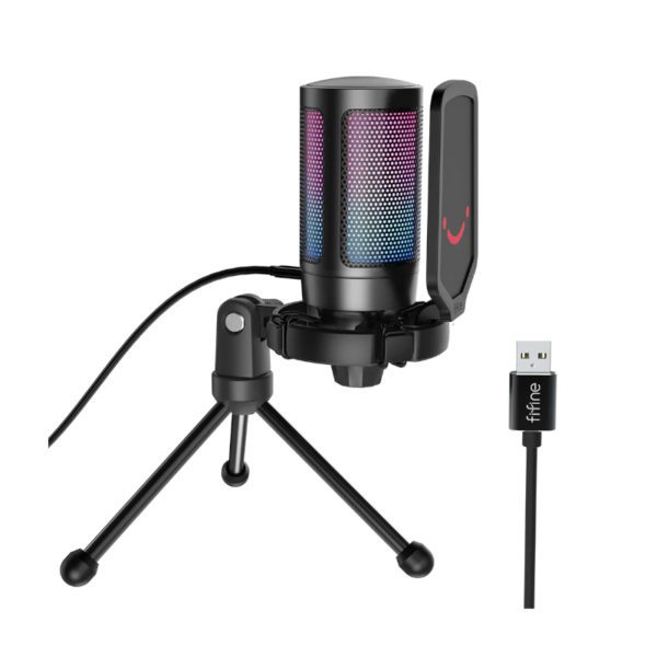 FIFINE MIC A6 Ampligame USB RGB Microphone with Pop Filter – Shock Mount – Round Stand