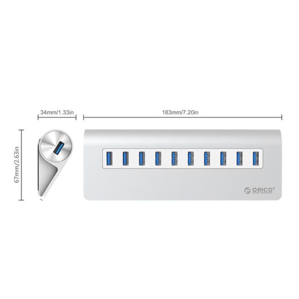 ORICO 10 Port USB3.0 Hub Aluminium – Silver