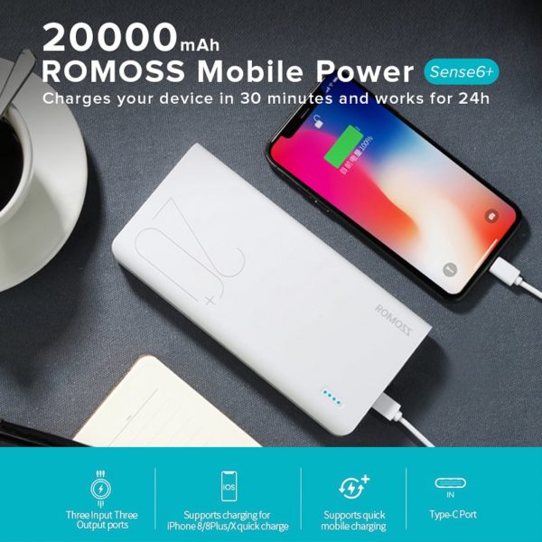 Romoss Sense6+ 20000mAh QC Type-C Power Bank – White