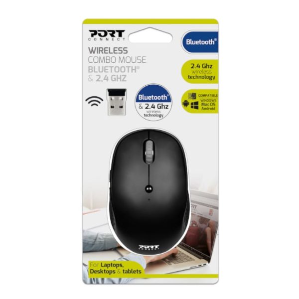 Port Wireless Combo Bluetooth Mouse and 2.4 GHZ - Black