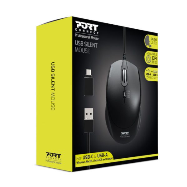 Port Connect Wired USB|Type-C 3600DPI Mouse - Black - Image 3