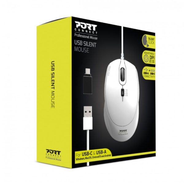 Port Connect Wired USB|Type-C 3600DPI Mouse - White - Image 2