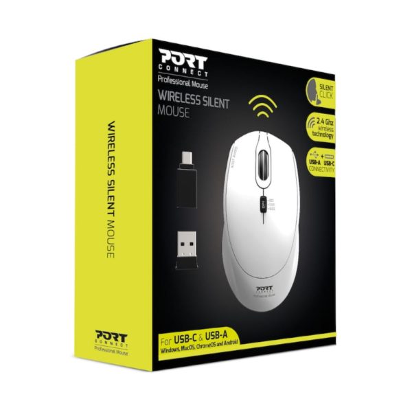 Port Wireless Silent 3600DPI 3 Button USB and Type-C Dongle Mouse - White - Image 4
