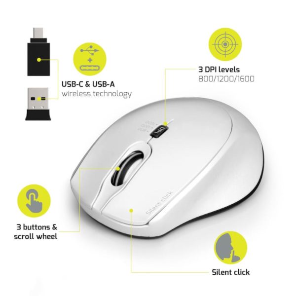 Port Wireless Silent 3600DPI 3 Button USB and Type-C Dongle Mouse - White - Image 3