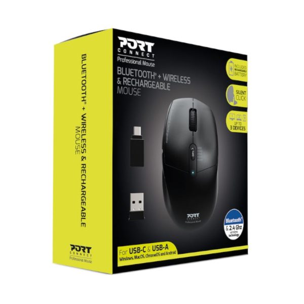 Port Wireless Rechargeable 1600DPI 5 Button Bluetooth Mouse - Black - Image 4