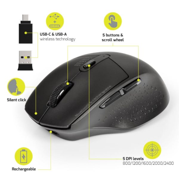 Port Wireless Rechargeable 1600DPI 5 Button Bluetooth Mouse - Black - Image 2