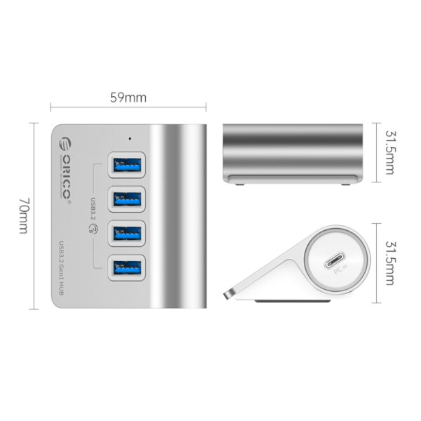 ORICO Aluminum Alloy 4 Port USB Hub | 4x USB 3.2 Type-A | Type-C to Type-C + USB-A Adapter - Image 2