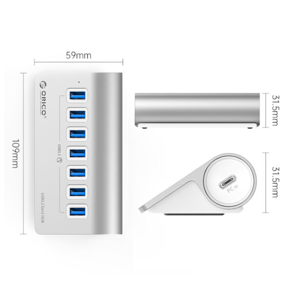 ORICO Aluminum Alloy 7 Port USB Hub | 7x USB 3.2 Type-A | Type-A to Type-C (90 Degree Type-C | 1m | - Image 2